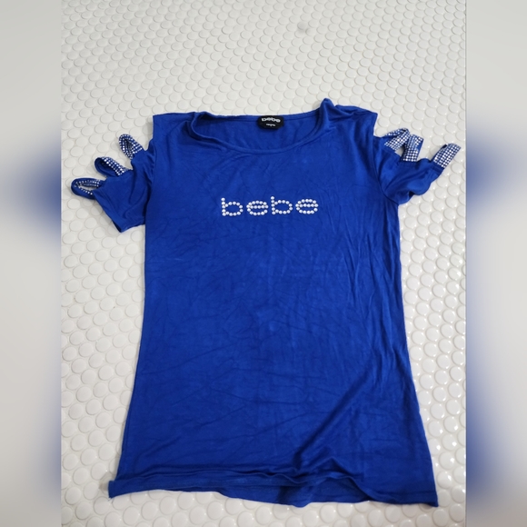Electric Blue Short Sleeve BEBE top with Rhinestone accents - Picture 1 of 4
